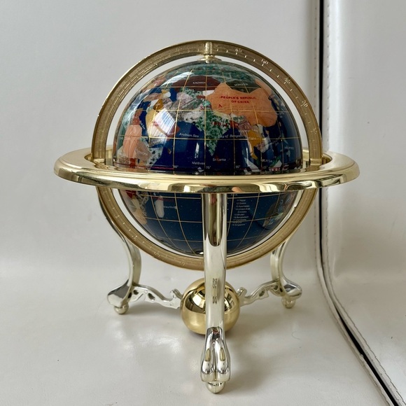 Gemstones In Lapis Lazuli Globe With Campass 9 Inch Tall - Picture 3 of 10
